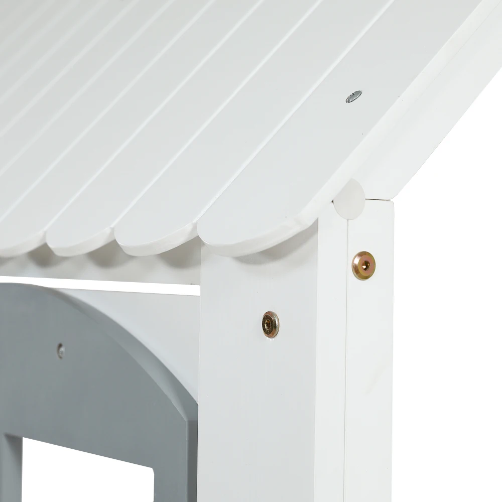 PINGGO Weißgraues Etagenbett 90x200cm mit Dachfenster, Leiter, Fallschirmgitter und 3 Staufächern aus Kiefern-MDF, ohne Matratze – Detail 24