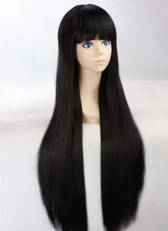 Wig sintetis hitam lurus panjang untuk wanita, Wig Cosplay serat suhu tinggi pinggiran datar untuk wanita