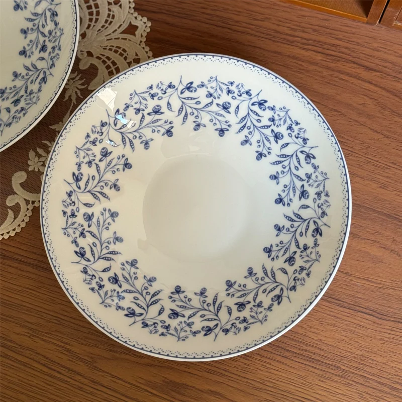 

8inches Ceramic Plate Blue Floral Print Dining Dishes Texture Underglaze Round Deep Soup Plates Household Fruit Salad Tablewares