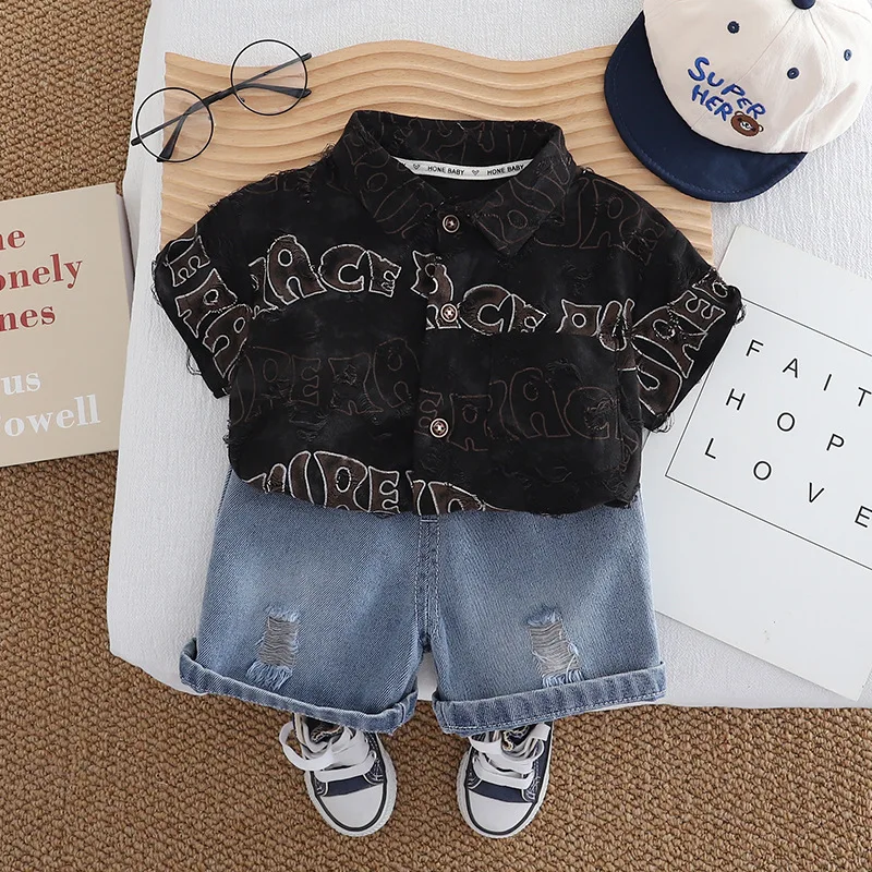 Boys Short Sleeve Fashion Set 2026 Summer New Baby Boy Stylish Short Sleeve Letter Ripped Shirt Set Trendy