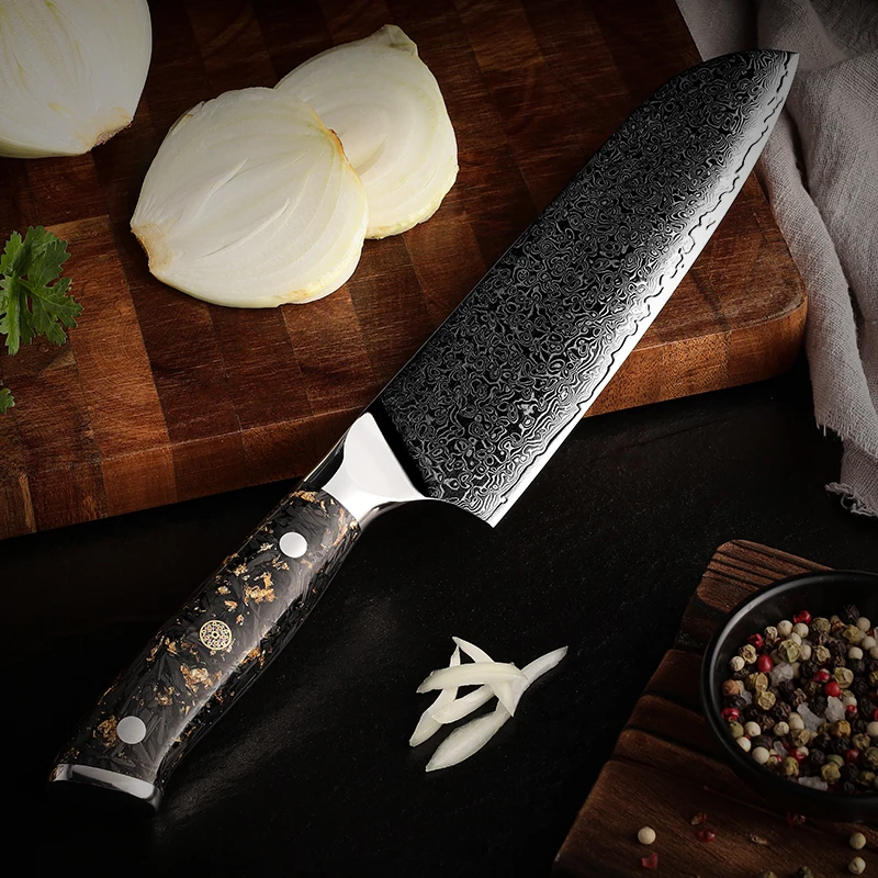 Grandsharp 7 Inch Santoku Knife 67 layers 10Cr15CoMov Damascus Steel Carbon Fiber& Gold-Foil Decoration Resin Handle Cook Cutter