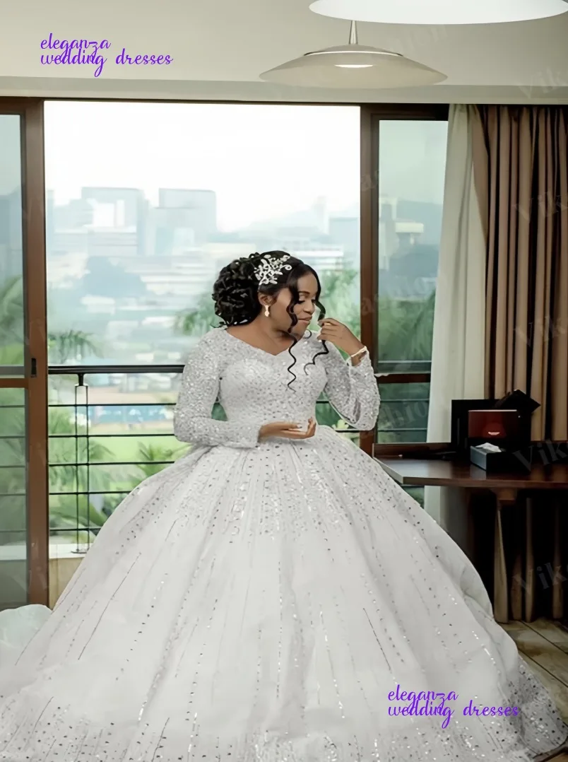 Customized Plus Size Ball Gown Wedding Gowns Beading Long Sleeve Crystal Sequins V Neck Bridal Party Vestidos De Novia 2025