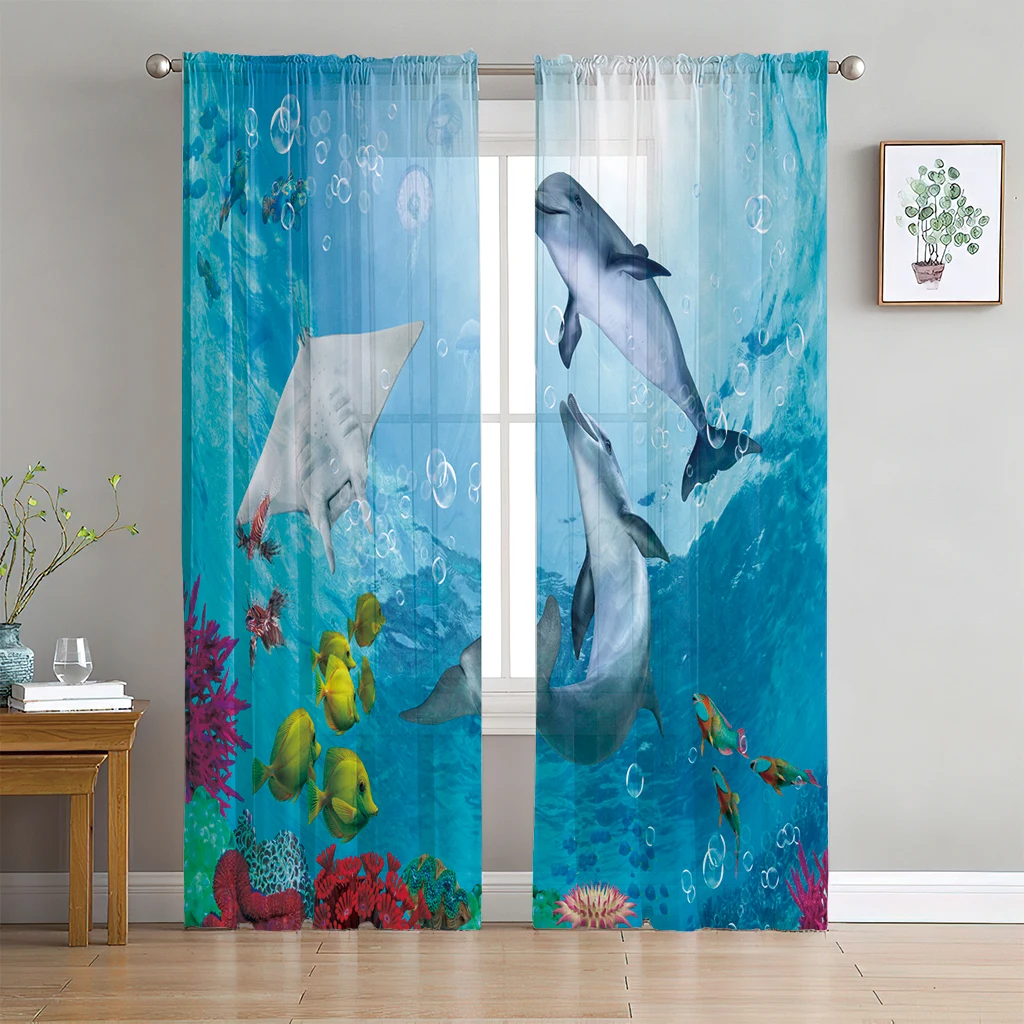 

2 Panel Blue Sea Curtain Sea Creature Dolphin Turtle Curtain for Bedroom Living Room Kitchen Window Tulle Sheer VoileCurtains