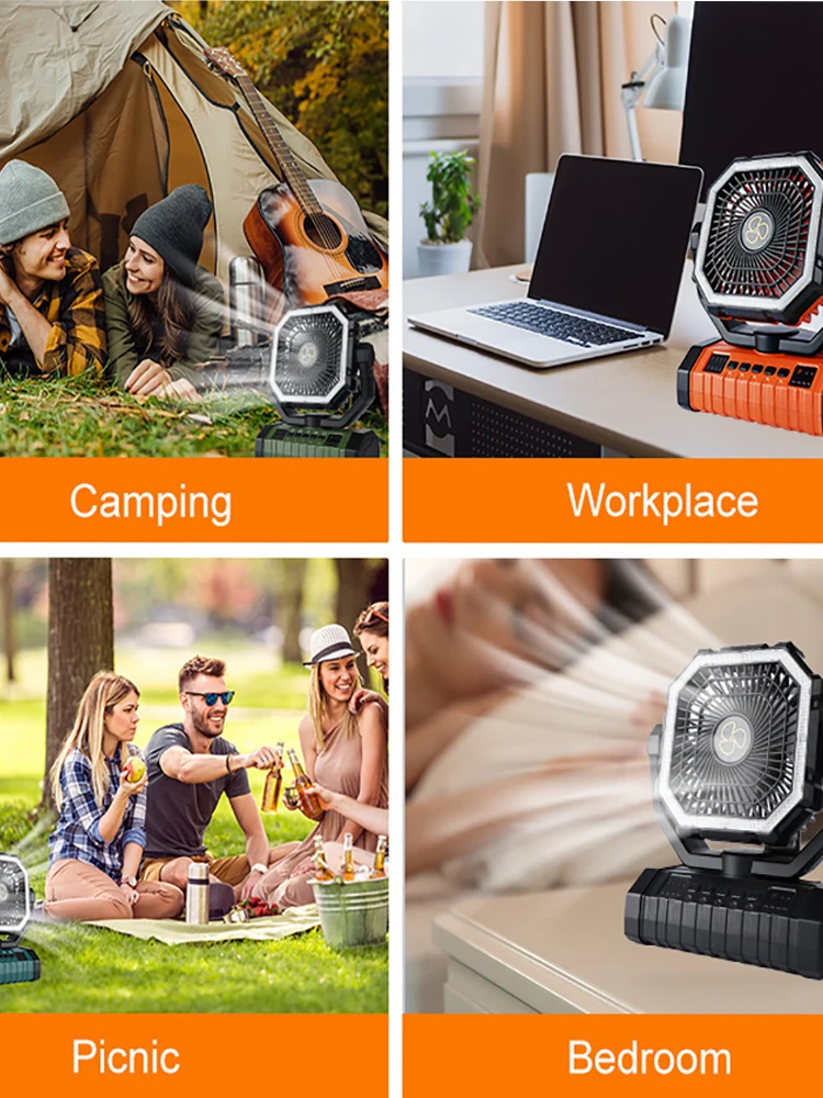 Camping-Ventilator 20000mAh Batteriebetriebener Ventilator Wiederaufladbar mit LED-Licht Tragbarer Outdoor-Zeltventilator mit Aufhängehaken 4 Windgeschwindigkeiten