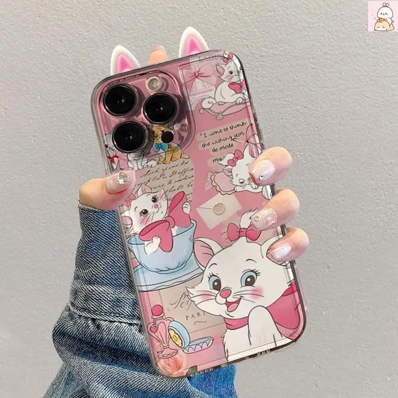 3D Marie Cat Ear Phone Case For Samsung Galalxy S25 S23 S24 S20 S21 S22 S10 Plus Ultra S21 S24 FE S24+ Cartoon Clear Casing