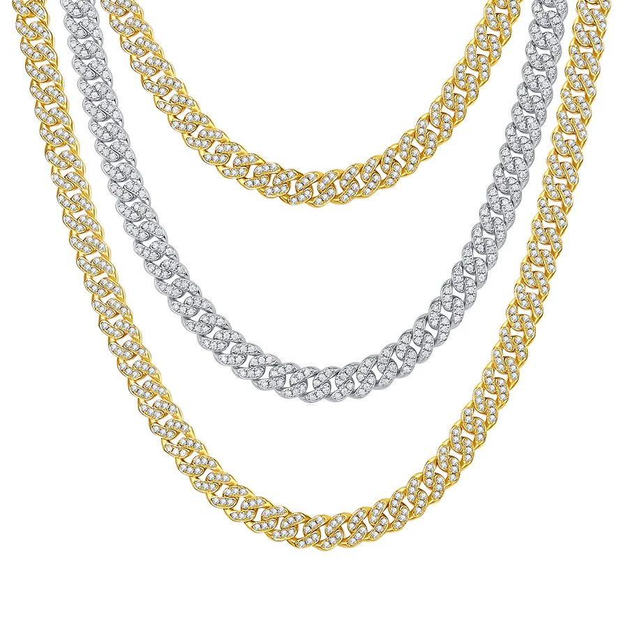 JIUZUAN 8mm Moissanite Miami Cuban Link Chain Necklace for Men & Women - Chunky Sterling Silver with 18K White Gold Plating.