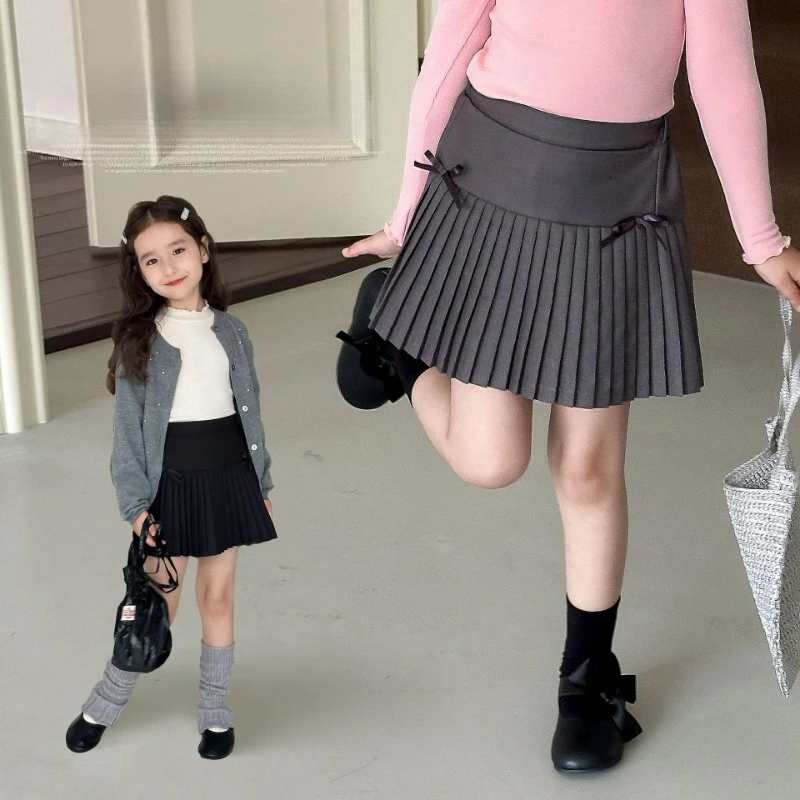 Boutique Kids Baby Girls Skirts Cute Bow Preppy Pleated Skirt Toddler Kawaii High Waist Plaid Skirt Anti-wardrobe Malfunction