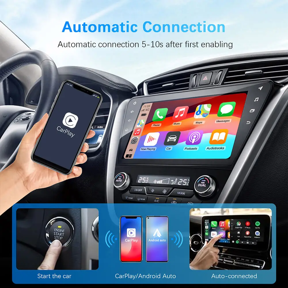 2in1 سلكي إلى محول CarPlay Android التلقائي اللاسلكي لستيريو السيارة OEM مع توصيل وتشغيل USB