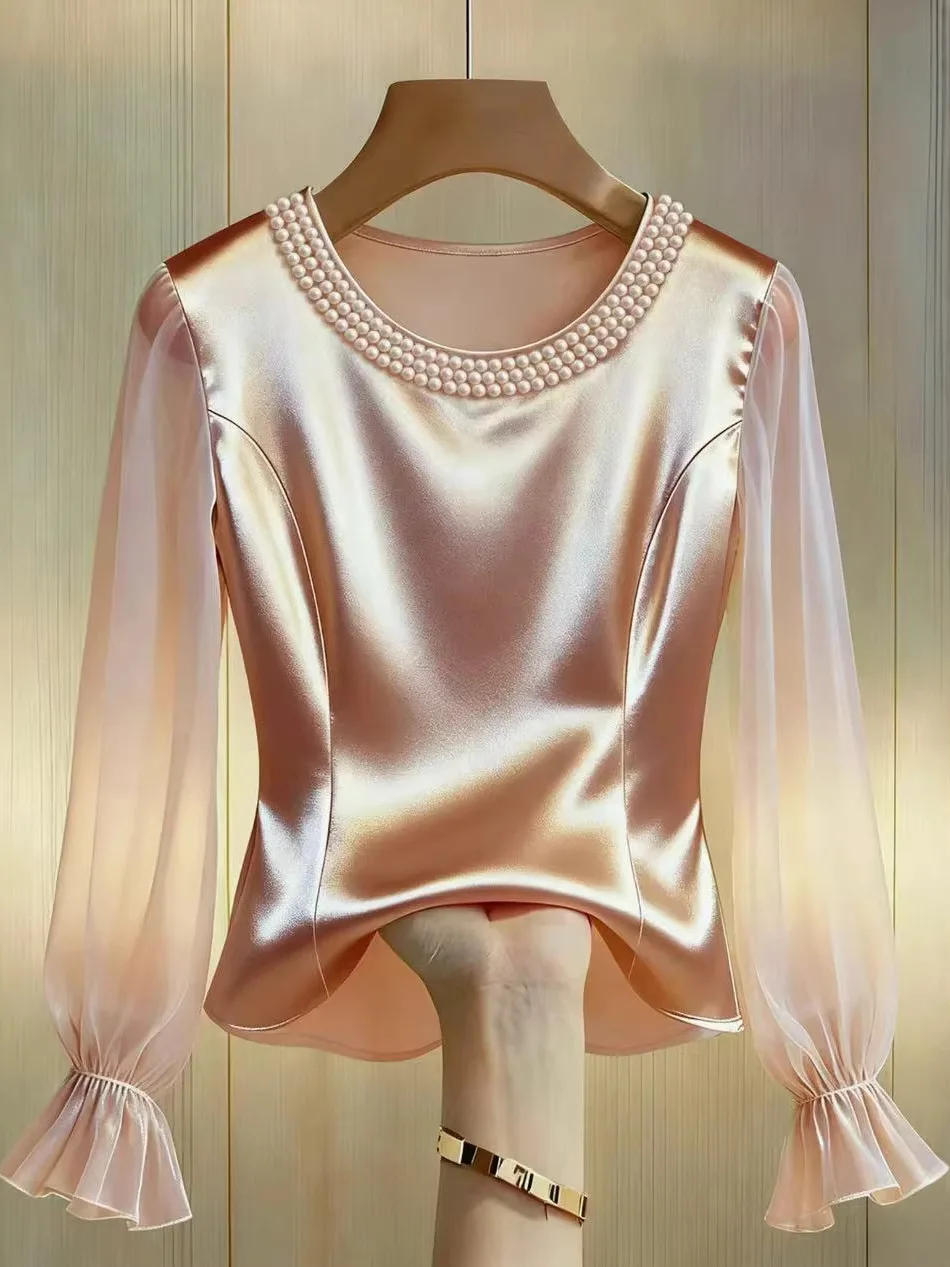 Elegant Long Sleeve Pearl Embellished round Neck Shirt Women's Fashion Top Transparent Sleeve Lace Trim Apricot Color Women's...