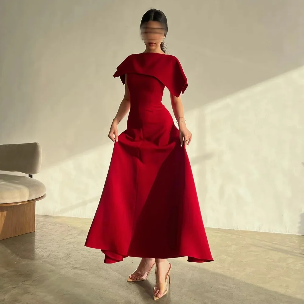 Simple Red A-Line Ankle Length Evening Dresses Short Sleeves Charming Formal Occasions O-Neck Party Prom Gowns 2025 Customized