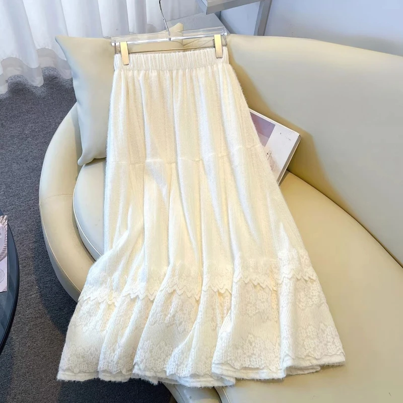 

French Style Spring Fall Women High Waisted Stretchy Lace Patchwork Long Beige Skirt , Ladies Woman Skirts