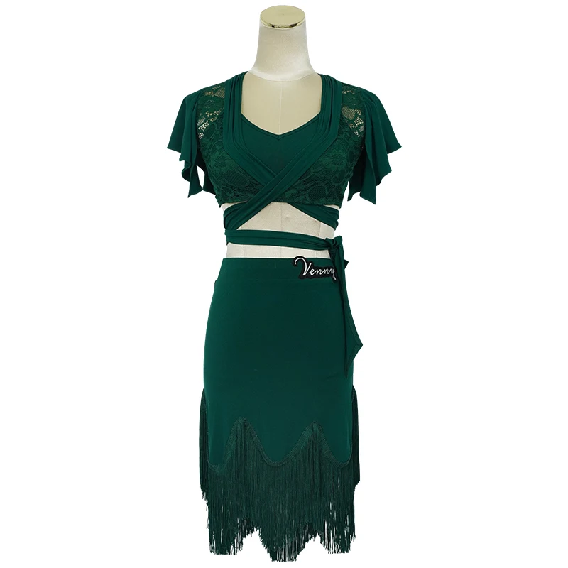 ベニースタイル ラテンダンス 2ピースセット 女の子用、レーストップとフリンジスカート、社交ダンス練習着