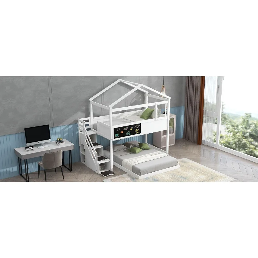 Twin over Full House Bunk Bed with Storage Staircase and Blackboard White Old SKU: GX001701AAK