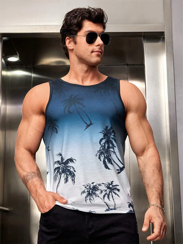 Summer Tank Top Men's Hawaii Beach Casual Clothing Quick Drying Silk Fit Sleeveless Shirt Mens Fashionable Body-Shaping Tank Top