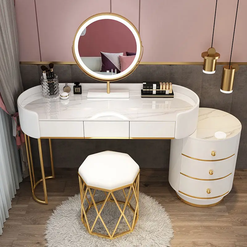 Designer Mordern White Gold Vanity Desk Dressing Table Mirror Makeup Table LED Lighting 6 Drawers Bedroom Home Furniture