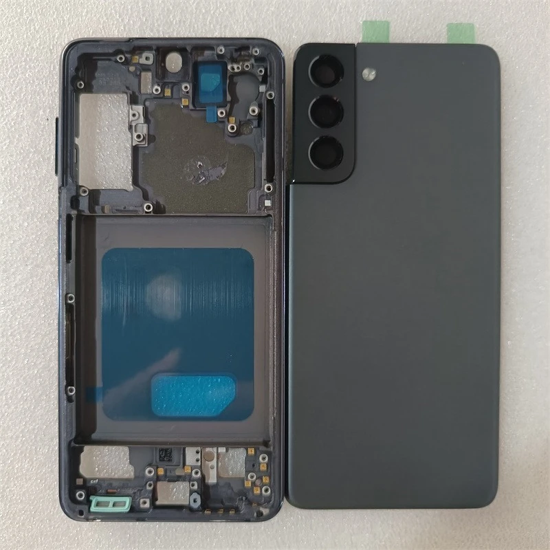 サムスンギャラクシー-s21-g991-フル電話ハウジングケースミドルフレーム-バッテリーカバーバックパネルリアケースとカメラレンズ交換