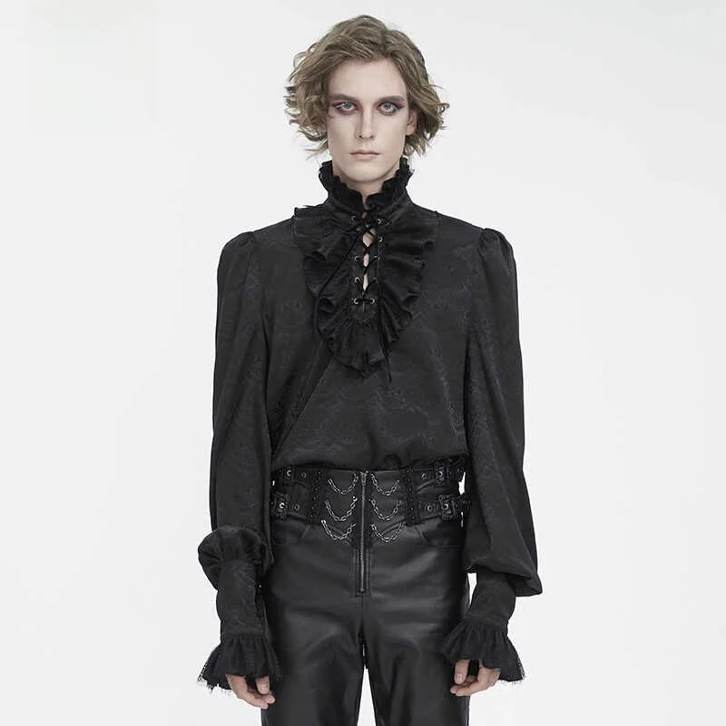 

Devil Fashion Retro High Collar Mens Long Sleeve Shirt Floral Embroidery Chiffon Gothic Style Breathable Comfortable All Seasons