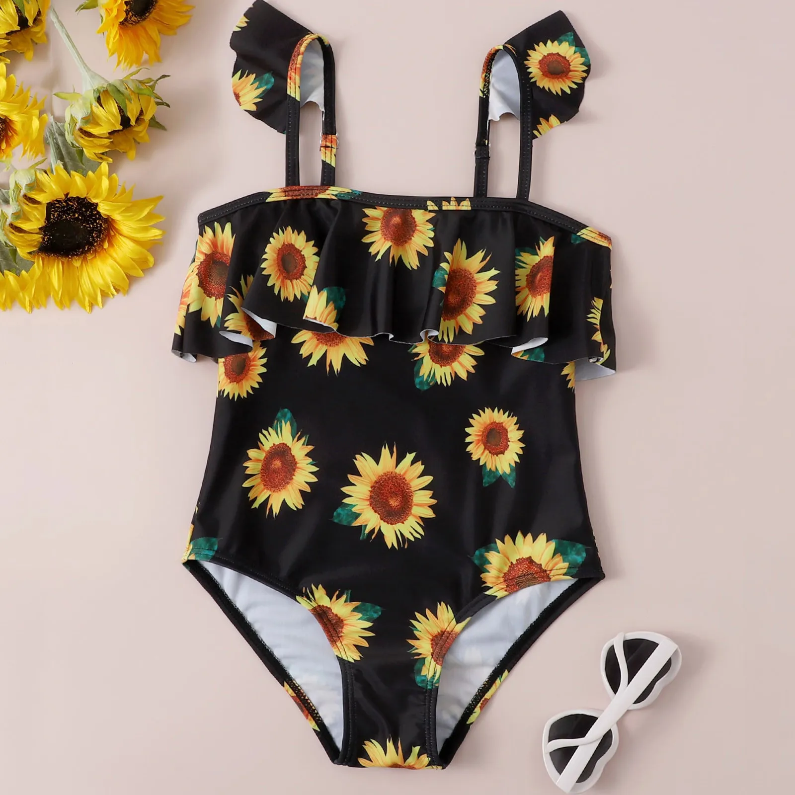 Girassol impressão maiô para crianças adolescentes, bebês meninas plissado shorts, moda praia infantil, verão swimwear, roupas de biquíni