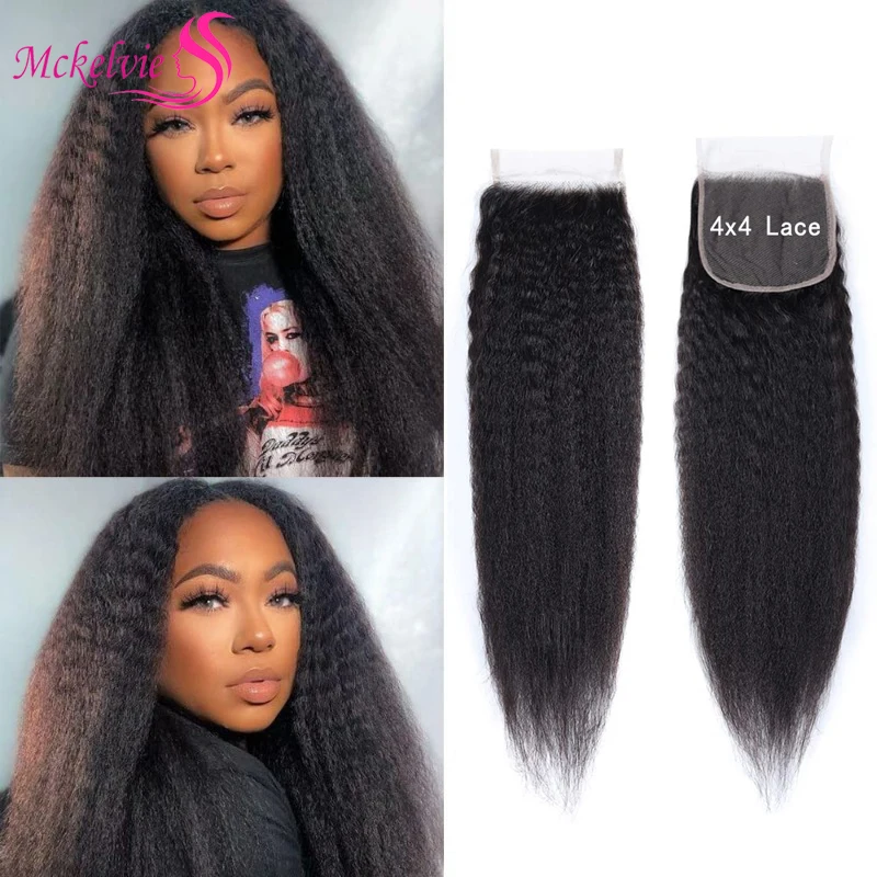 Kinky Straight 4x4 Lace Closure Human Hair For Women Brazilian Remy Hair Yaki Straight Transparent Lace Closure Soft and Silky