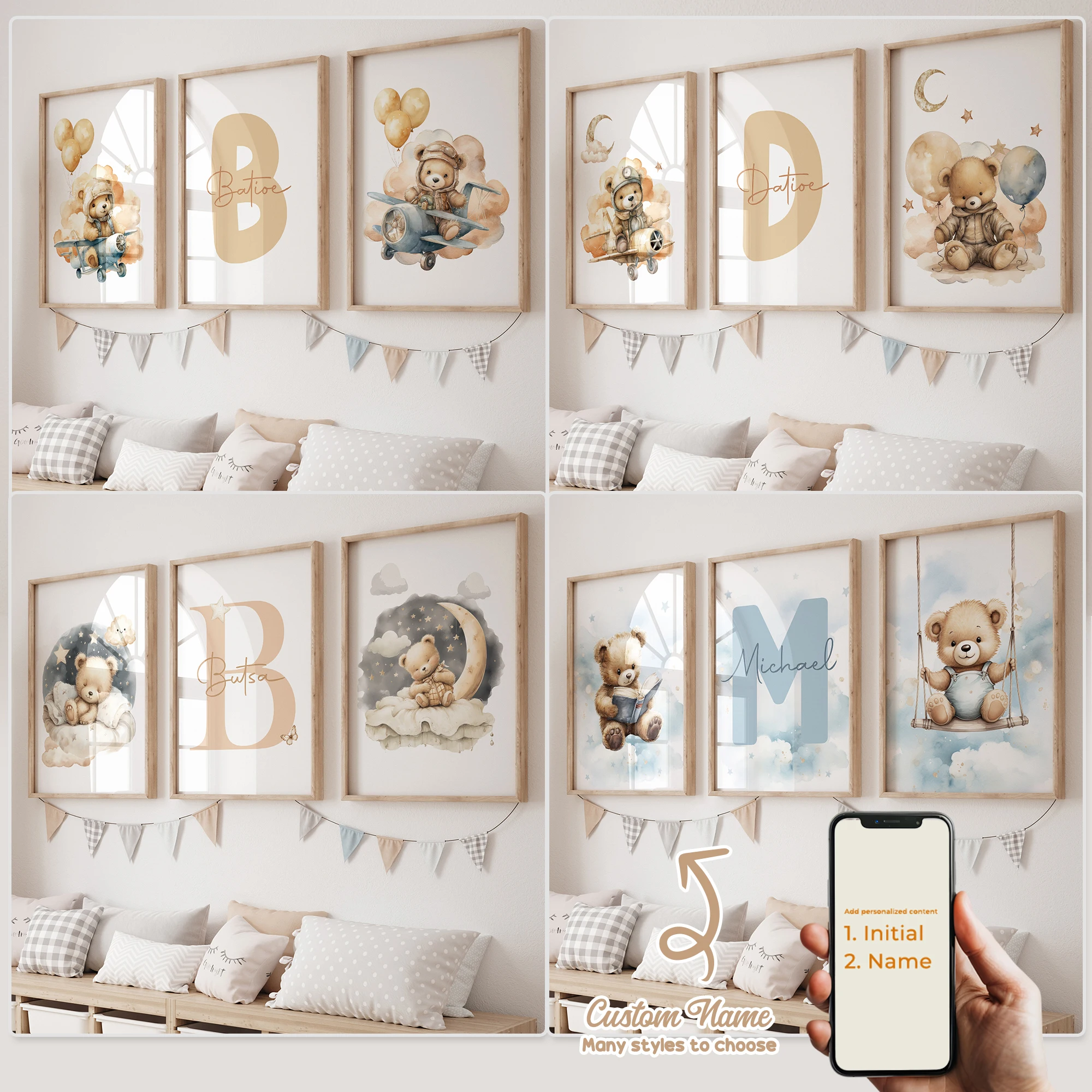3pcs Personalized Custom Name Cartoon Child Teddy Bear Wall Art Print Picture Canvas Poster Painting For Living Room Home Decor
