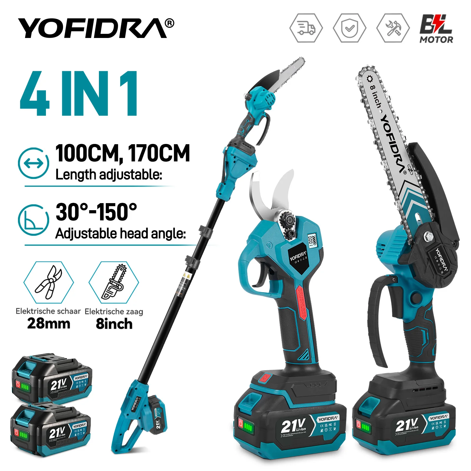 YOFIDRA 4 IN 1 Sega Elettrica a Catena con Asta Telescopica Senza Spazzole, Forbici, Sega per Rami Alti, Attrezzo da Giardino per Potatura, Compatibile con Batteria Makita