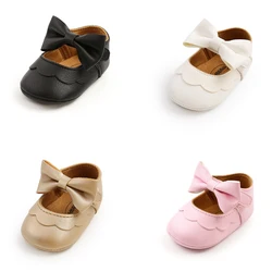 Baby First Walkers Girl Newborn Shoes Classic Bowknot Rubber Sole Anti-Slip Flat PU Princess Shoes Toddler Crib Shoes for 0-18m+