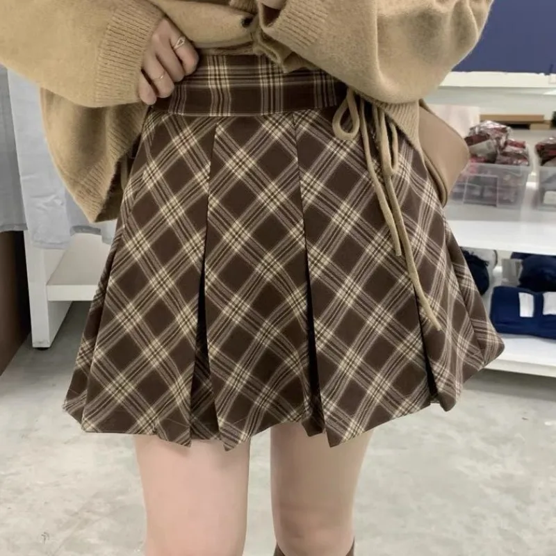 Women Pleated Skirt Plaid A-line Dress Y2k Short Skirt College Style Streetwear Sweet Retro Chic Sexy Autumn Winter Coffee