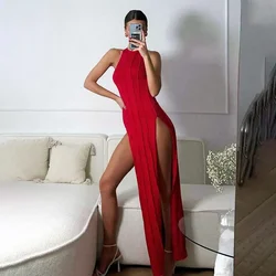 Turtleneck Elegant Party Evening Robe Y2K Clothe 2024 New Sexy Casual High Split Bodycon Dress Women Striped Sleeveless Dresses