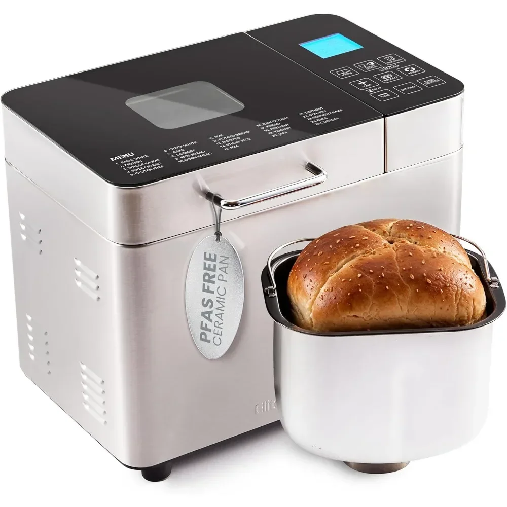 Elite Gourmet Programmable 2-Lb Bread Maker, PFAS Free Ceramic Ceralast™ Pan, Touch Screen Control Panel, 19 Functions, Gluten F