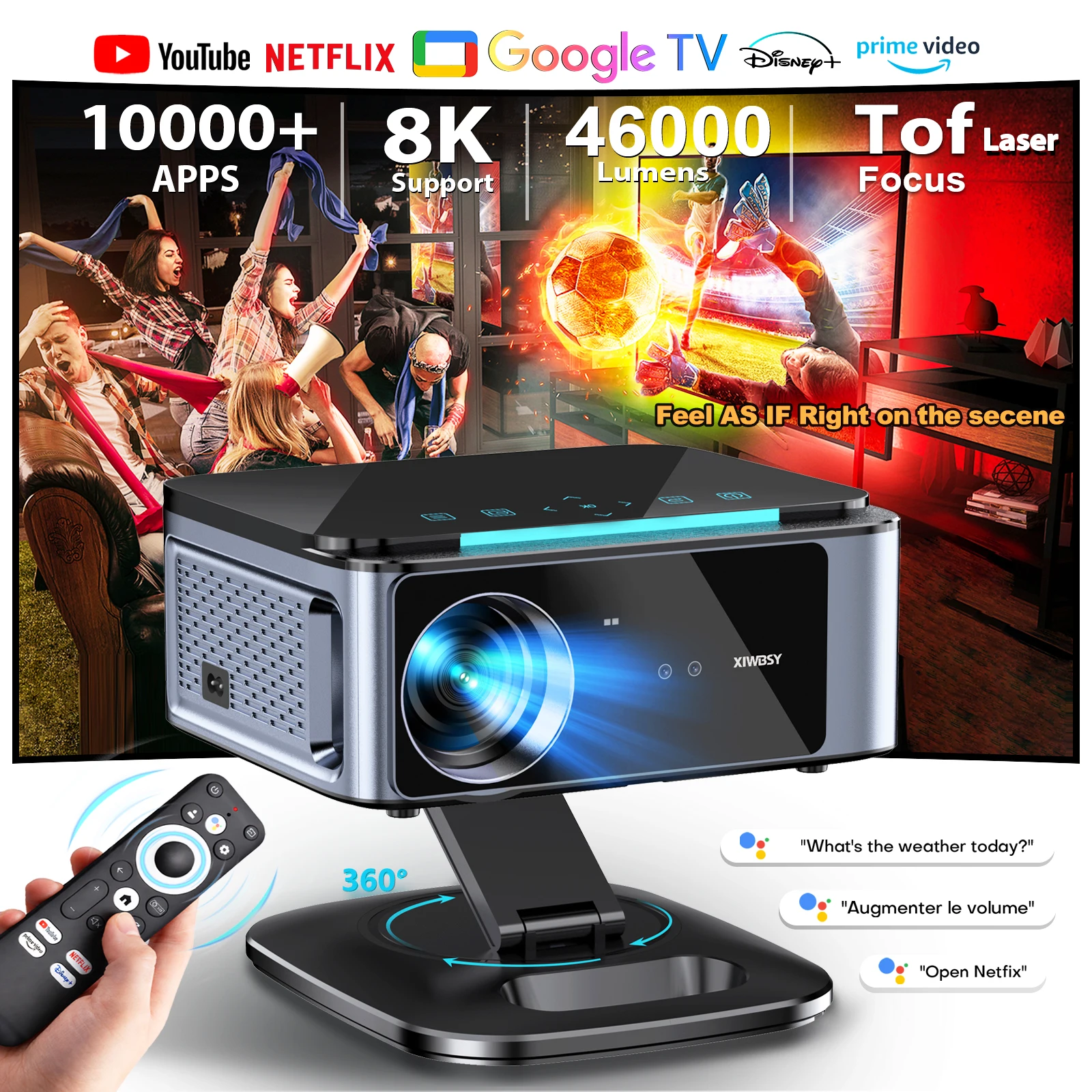 Проекторы XIWBSY 4K Ultra HD, 46000 люмен, для домашнего кинотеатра, с Google TV, умный проектор, лазерный проектор с TOF-фокусировкой, для использования при дневном свете