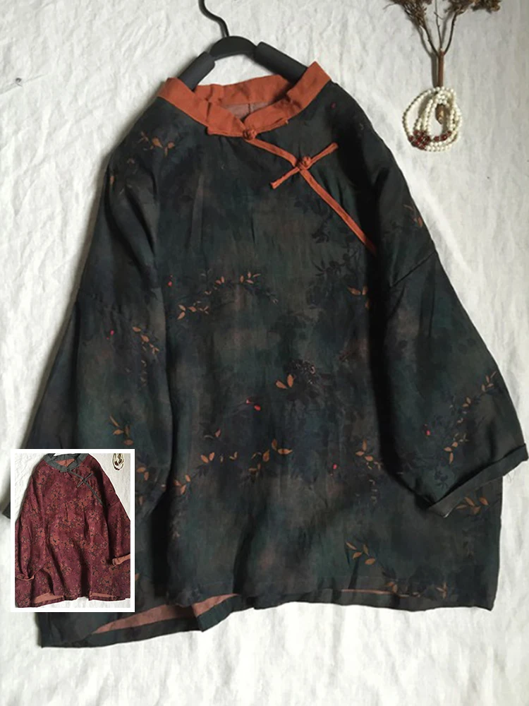 

Retro Print Cotton Linen Long Sve Overhead irt plus Size Women's Clothing Color Blo Oblique Flap Button Tea Costume Top