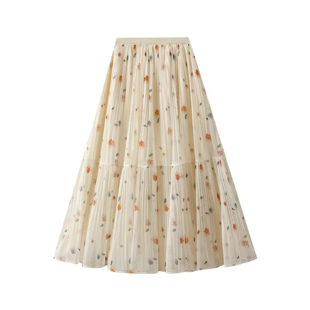 

Spring Women's High Waist Floral Chiffon Midi Skirt Elegant Layered Maxi A-Line Pleated Layered Tulle Skirt Small Floral Print