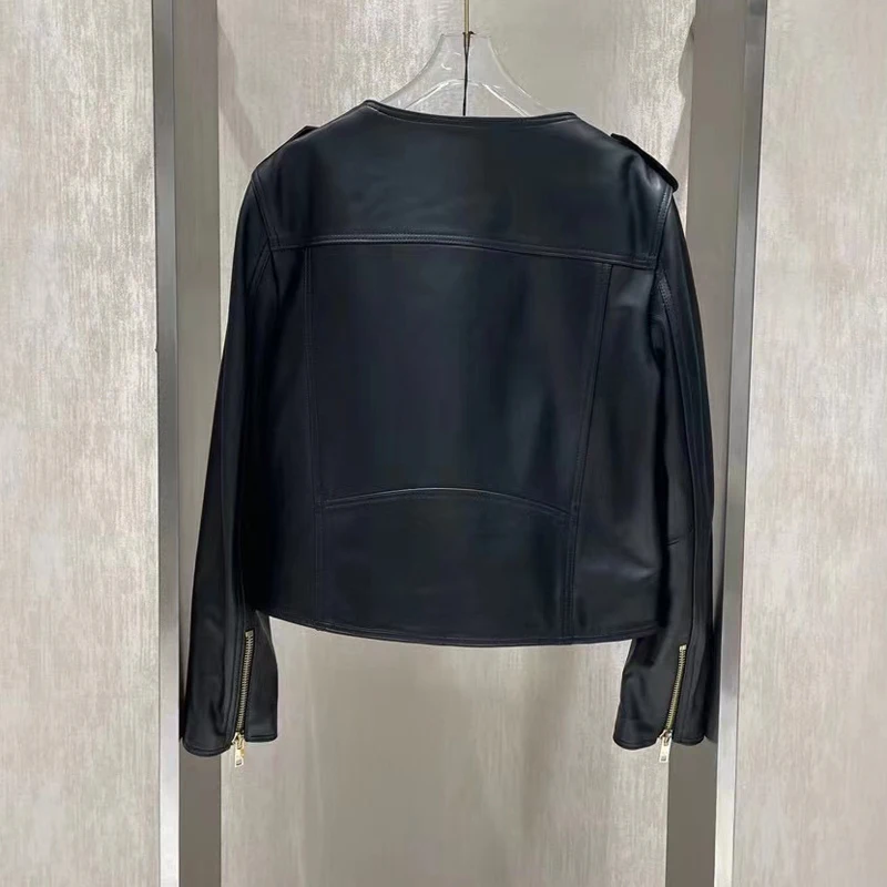 Genuine Leather Jacket O-Neck Collar Short Length 2025 New Fashion Women Coat Spring And Autumn Long Sleeve Clothes With Belt