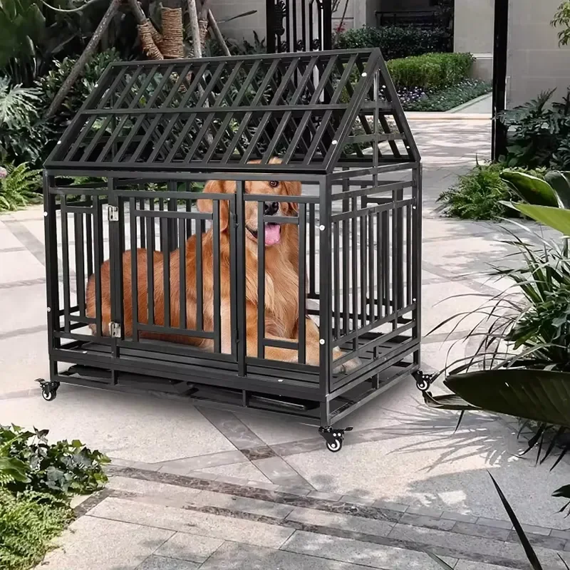 Heavy Duty Square Tube Dog Cage with Wheels Large Breed Kennel Tear Resistant Metal Crate Easy Assembly Pet Enclosure for