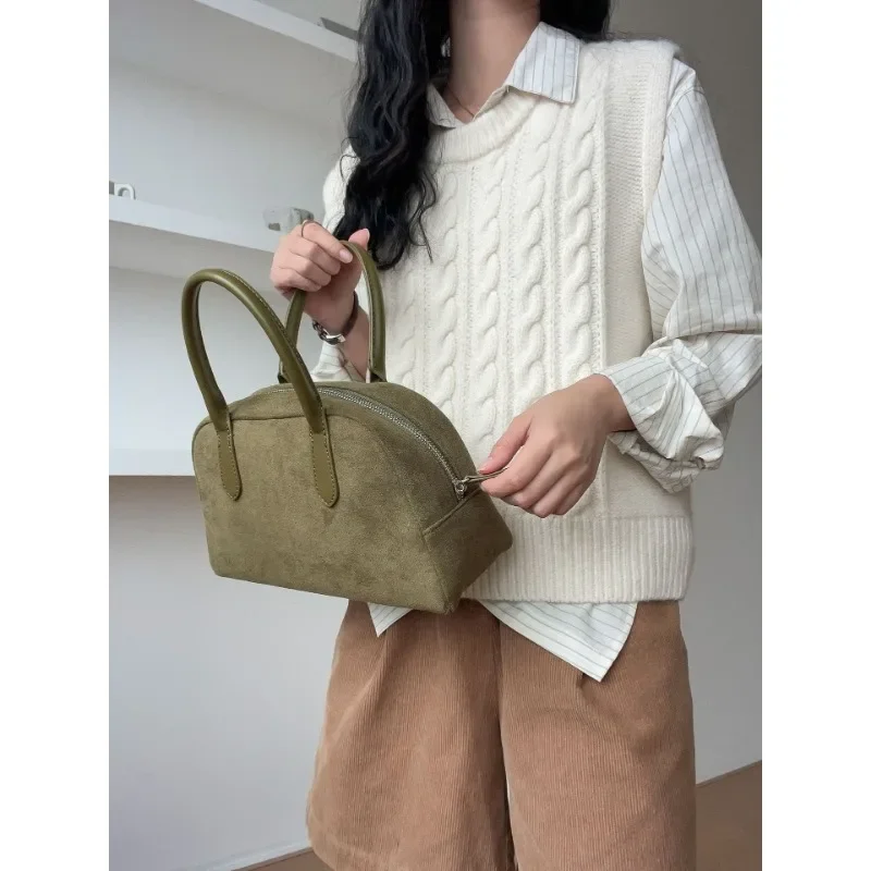 Niche Design Suede Boston Retro Handbag Texture Bowling Bag for Women 2023 New Autumn and Winter