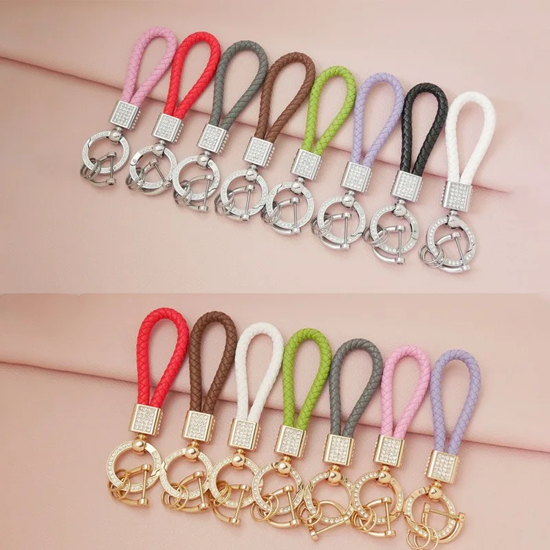 Full Rhinestone Square Buckle Braided Car Keychain, Multi-color Bling Leather Key Ring, Exquisite Women Bag Pendant Gift