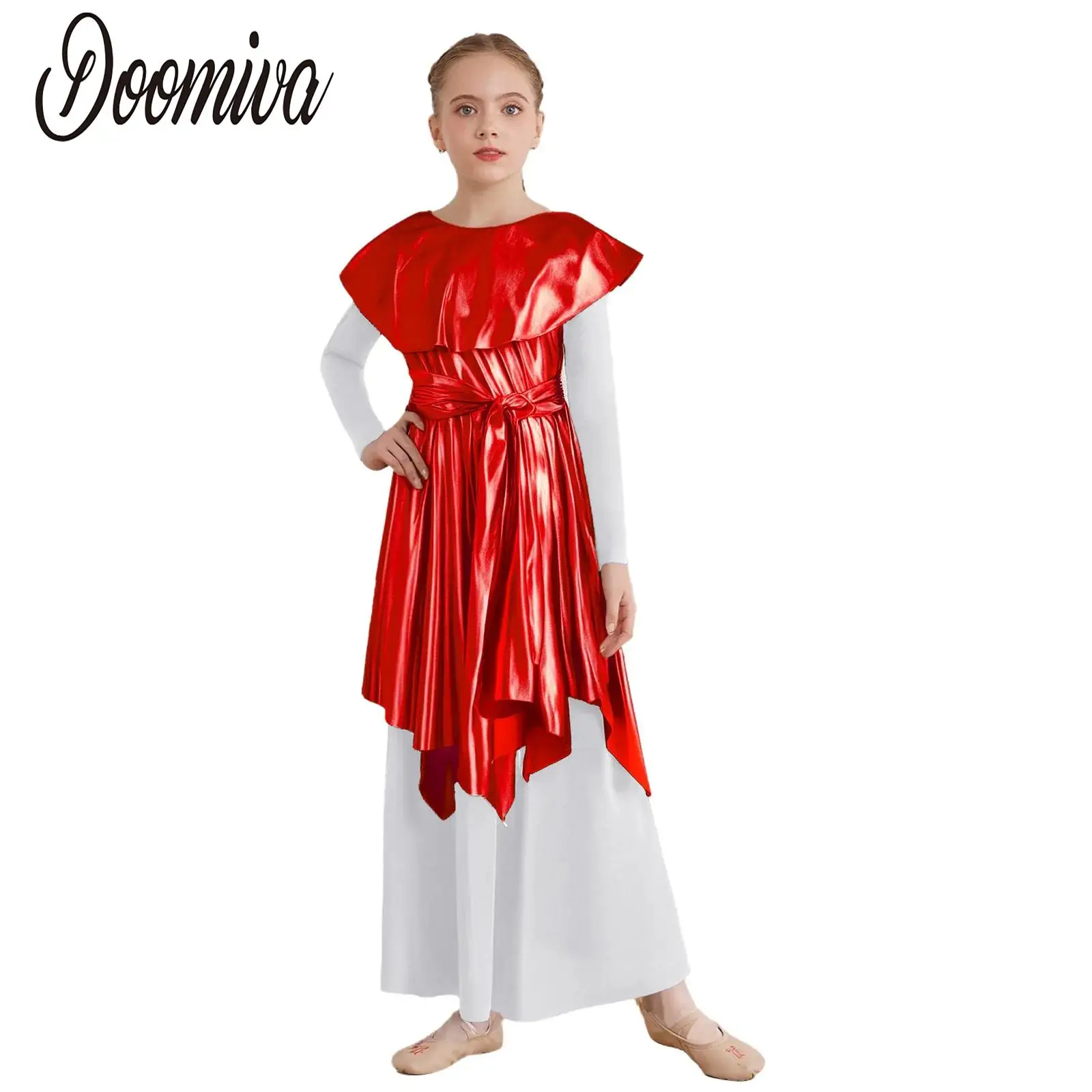 

Kids Girls Praise Lyrical Dance Dress Worship Liturgical Dancewear Church Choir Performance Costume Metallic Shiny Tunic Gown