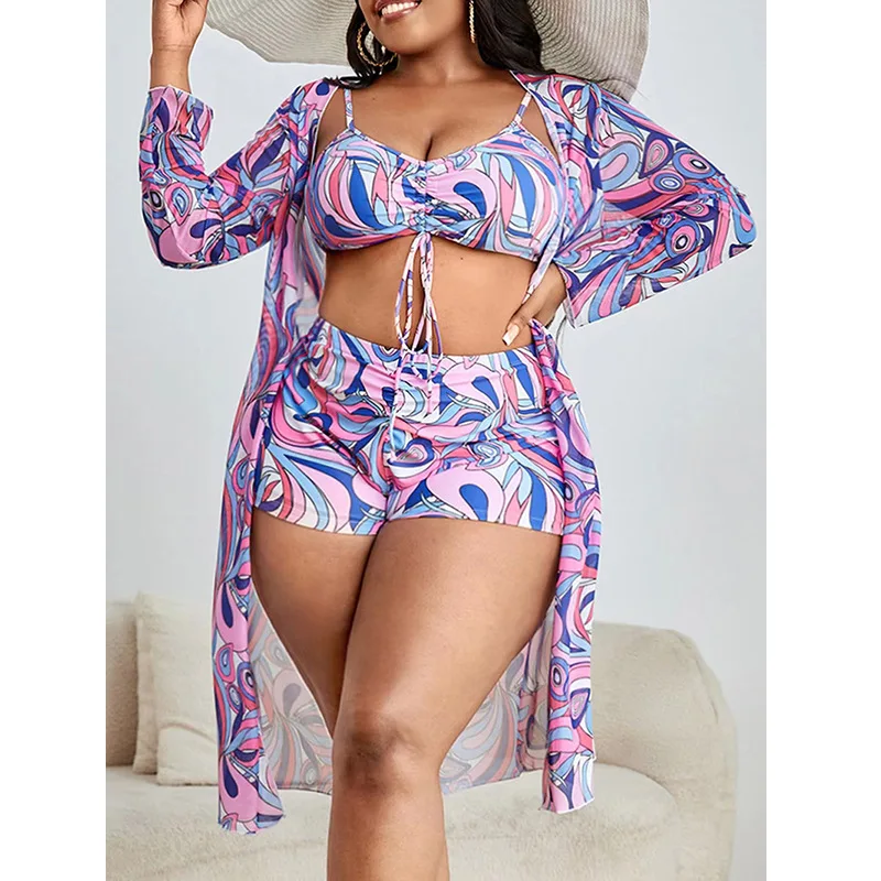 3 Pieces Large Size Bikini 2026 Printed Swimsuit Women & Kimono Drawstring Front Swimwear Female Bathing Swimming Suit Beachwear