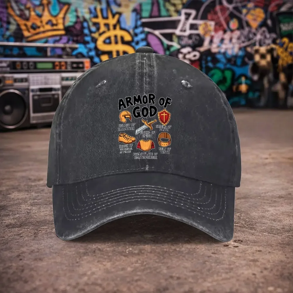 1pc Unisex God'S Armor Print Vintage Washed Baseball Cap - Men'S Trendy Hat - Versatile Duckbill Cap - Fun Print - Unique Birthd