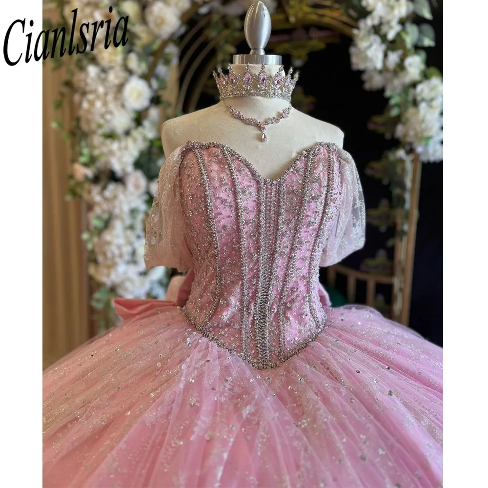 Vestido De quinceañera mexicana con hombros descubiertos, rosa, brillante, para fiesta De cumpleaños, graduación, 2024