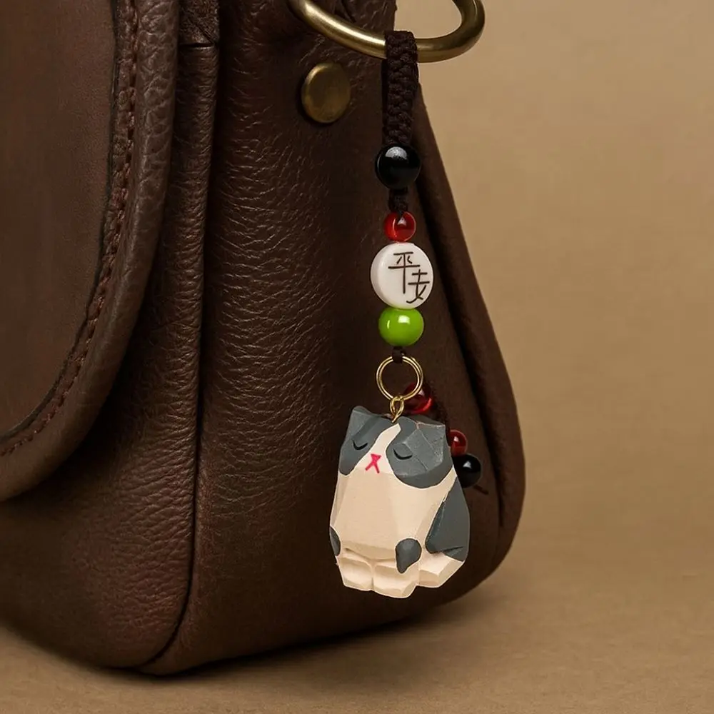Fashion Flower Wooden Carved Cat Keychain Weave Rope Beads Wood Kitty Pendant Cartoon Animal Kawaii Car Keyring Girl/Boy