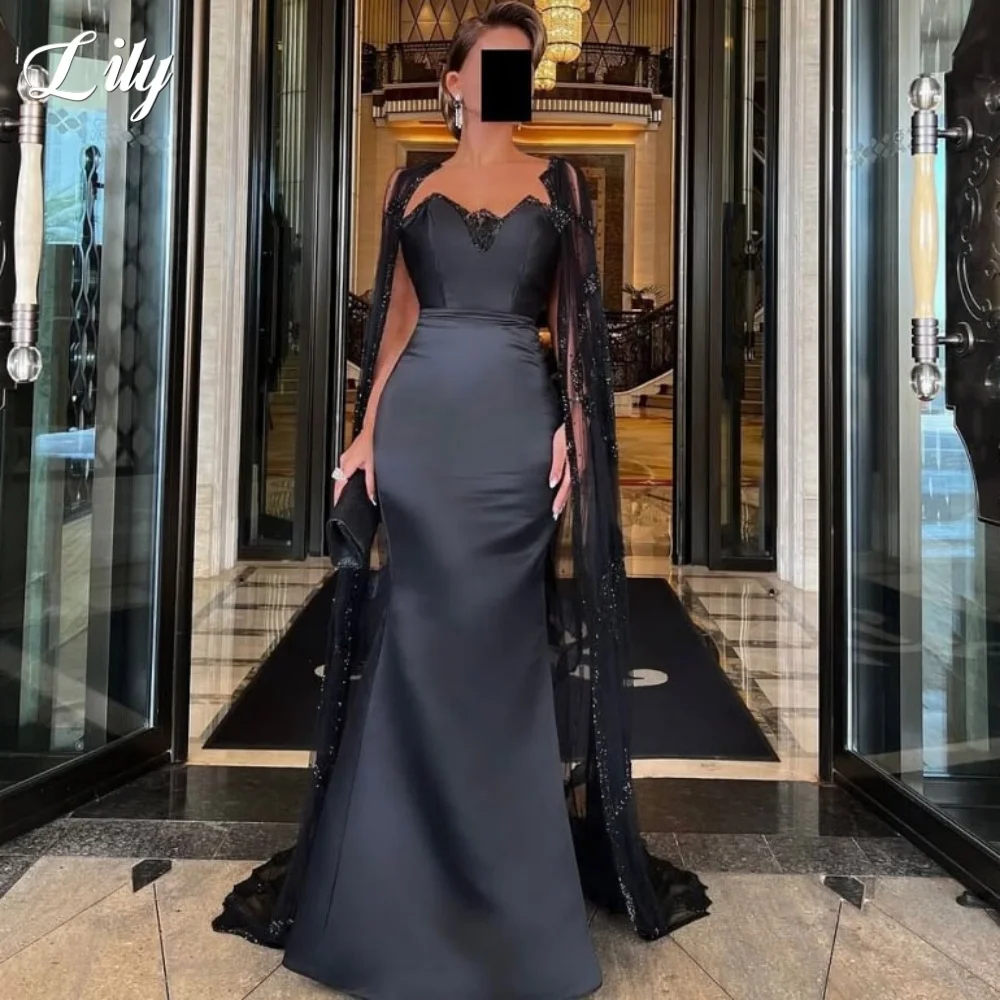 

Lily Black Off the Shoulder Party Gown with Lace Prom Dress Trumpet Sleeve with Cape Satin Evening Dress 프롬 드레스 Customized