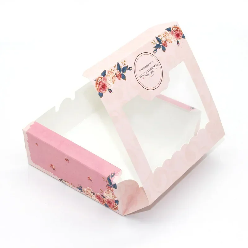 10PCS Paper Gift Box With Window Pink Flower Cupcake Box Packaging Boxs For Cake Candy Cookies Christmas Party Favors