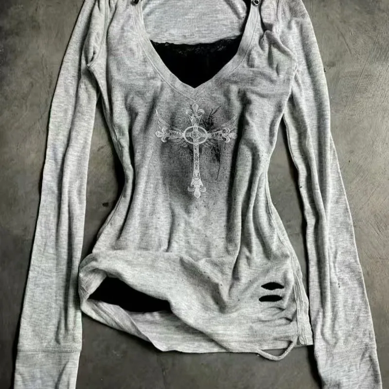 Deeptown Y2k Gray Gothic Graphic Women T-Shirts Grunge Vintage Hollow Out V Neck Long Sleeve Tees Slim Punk Gyaru Streetwear