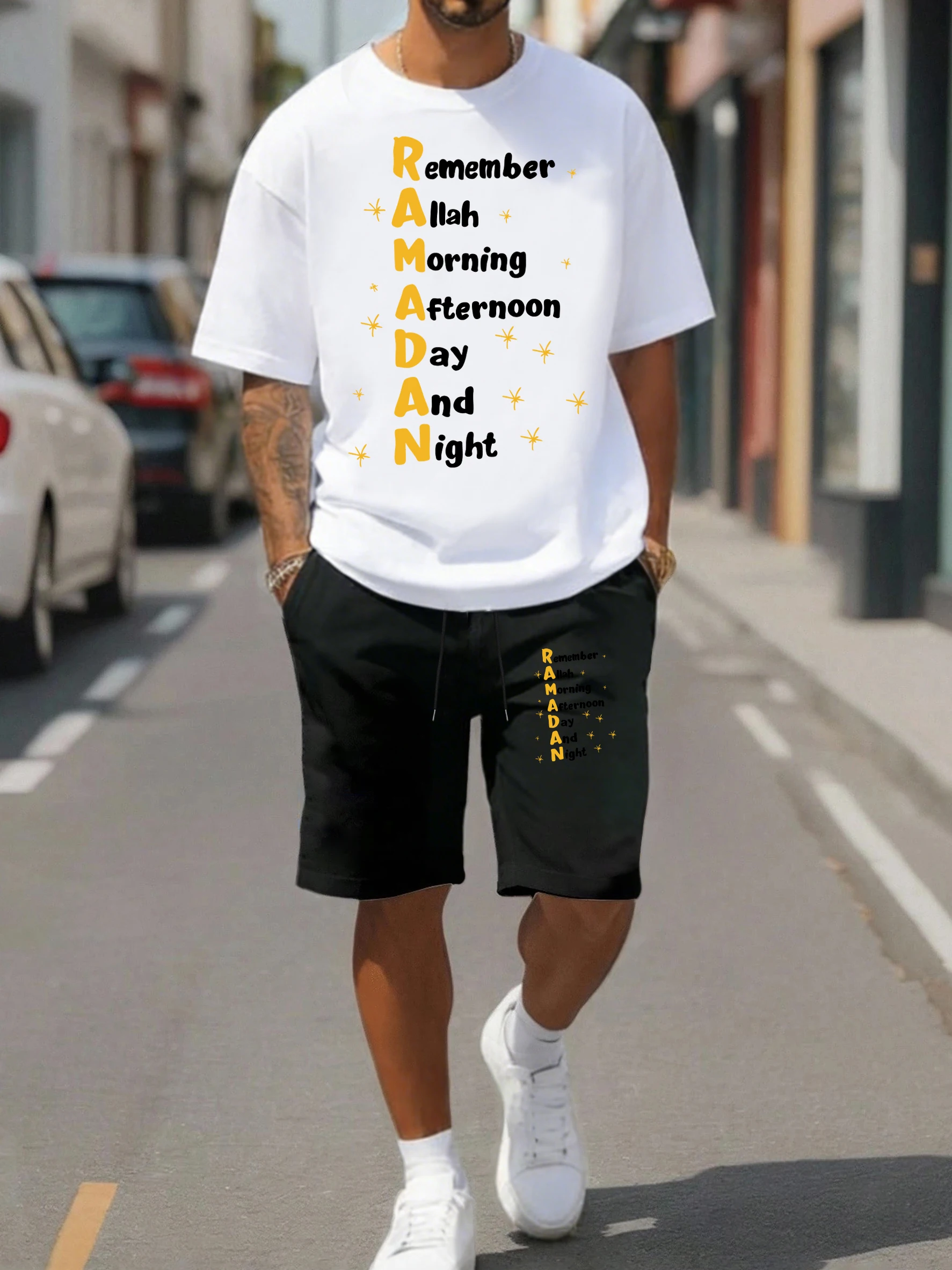

Ramadan Time Slogan Printing Sportsuit Man Summer Soft Cotton T-Shirts Sport Drawstring Shorts Unisex Loose Hip Hop Clothes