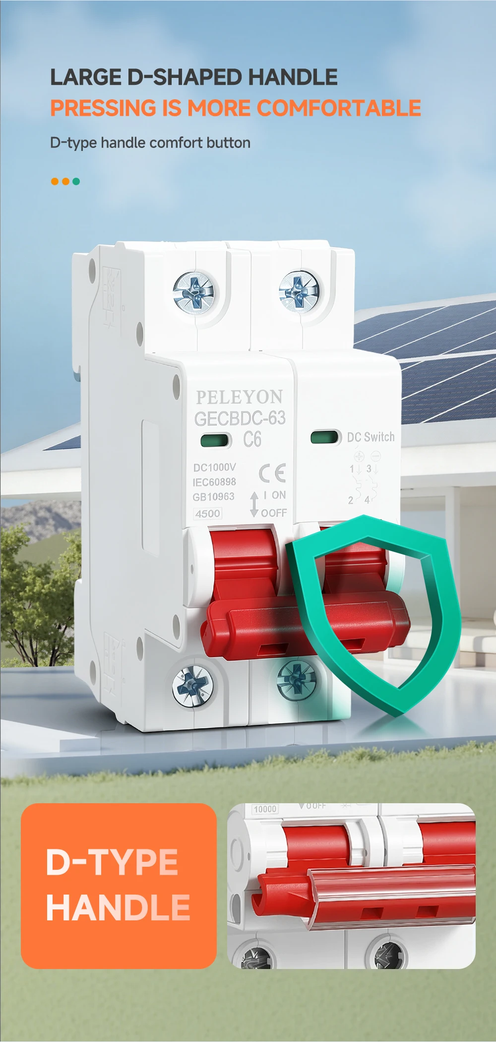 DC 1000V 1P 2P MCB Solar-Miniatur-Leistungsschalter Überlastschutzschalter 6/10/15/20/25/40/50/63A/80/100A DC1000V Photovoltaik-PV – Detail 2