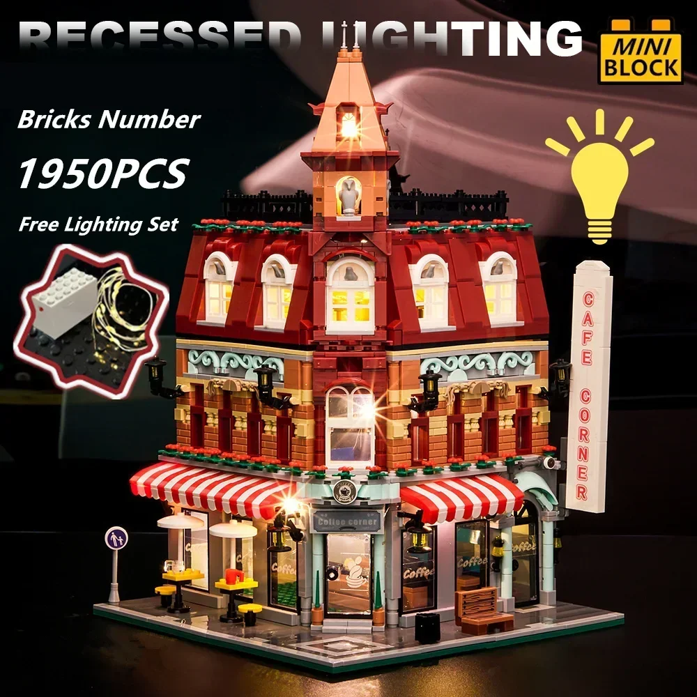 1950PCS Lighting Cafe Corner Street House Modular City Streetview with LED Set Model Buildings Mini-Micro-Block Bricks Gift