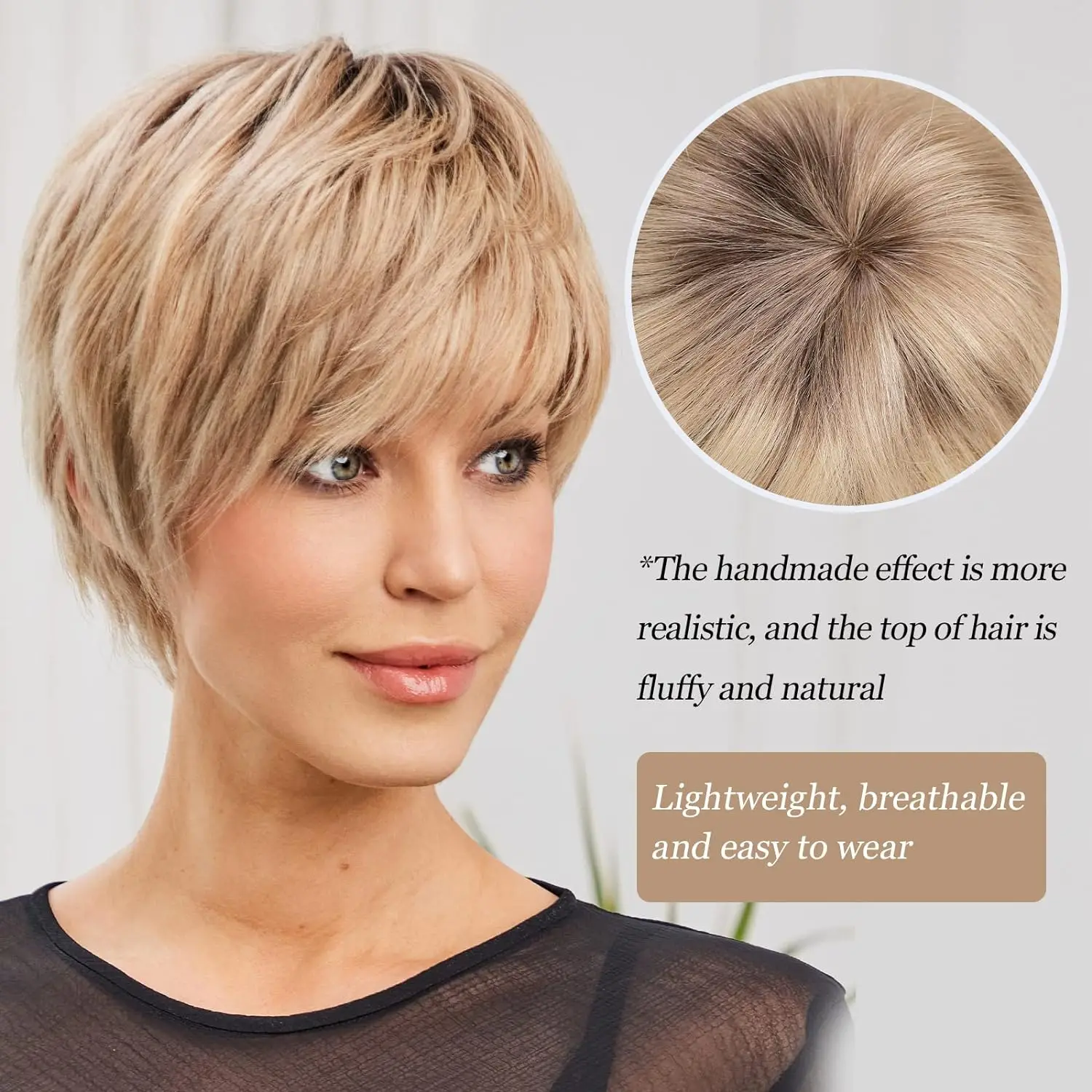 Blonde Human Hair Wigs Dark Root Short Pixie Cut Bob Wigs Machine Made Remy Human Hair Wig for White Women Daily Heat Resistant