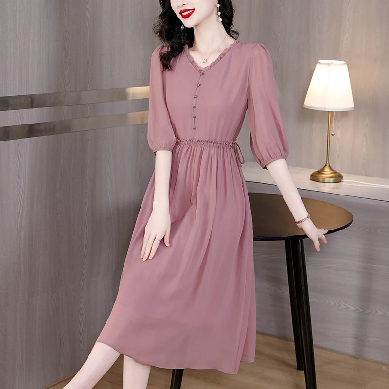 2023 Spring/Summer New Pink V-Neck Temperament Silk Skirt Solid Color Slim A-line Skirt Temperament Waist Over Knee Long Dress