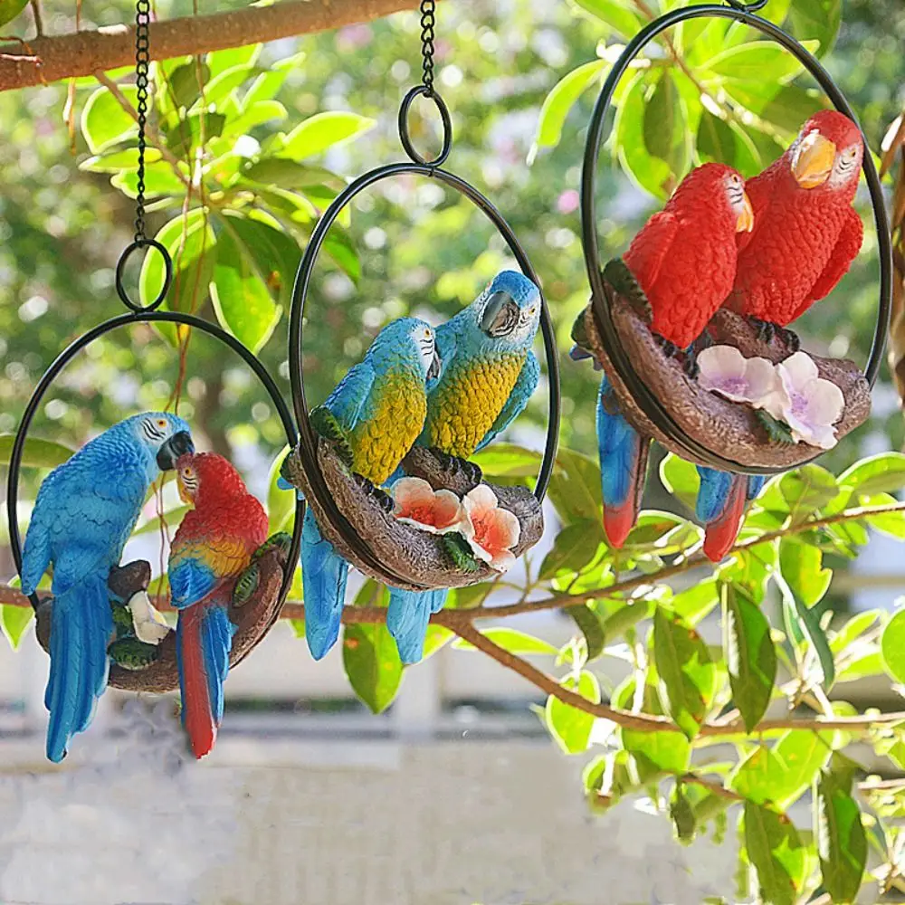 Garden Decor Iron Circle Double Parrot Pendant Cute Cartoon Bird Statue Waterproof Creative Animal Sculpture Figurine Home